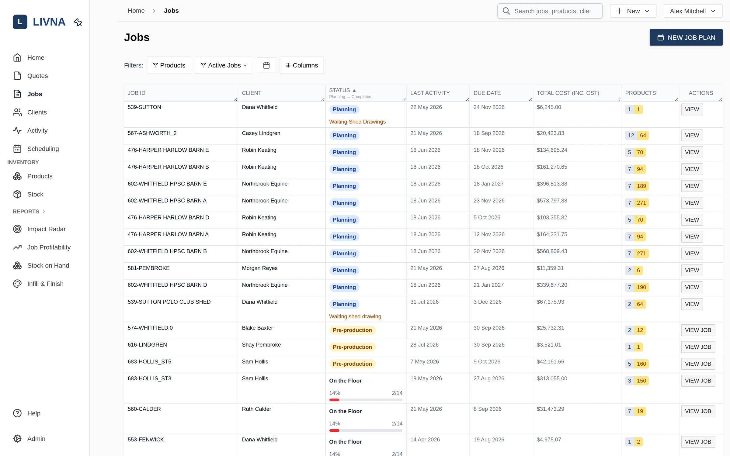 Livna jobs board with workflow progress, due dates, and status filters
