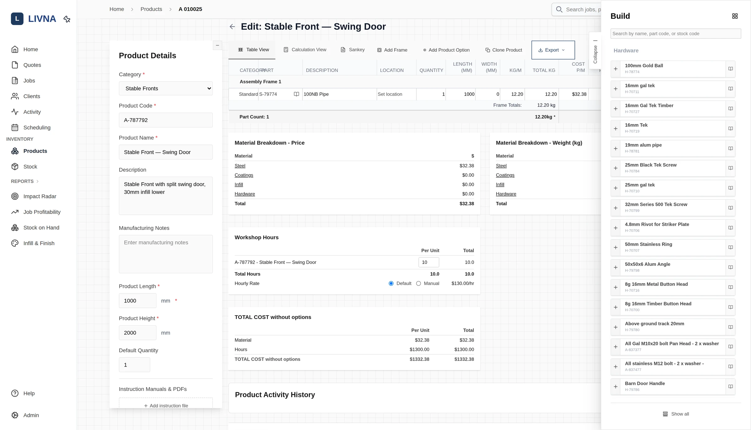 Livna product builder editing a stable front: assembly frames, material breakdown by category, workshop hours, and the searchable parts palette